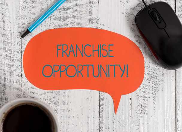 Writing note showing Franchise Opportunity. Business photo showcasing Business License Privilege Owner to Dealer Affiliation Wooden vintage table background coffee cup speech bubble. - Foto, afbeelding