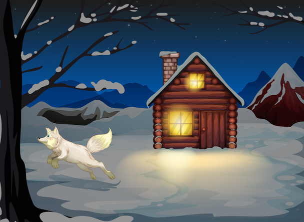 A fox jumping outside the wooden house with snow - Вектор, зображення