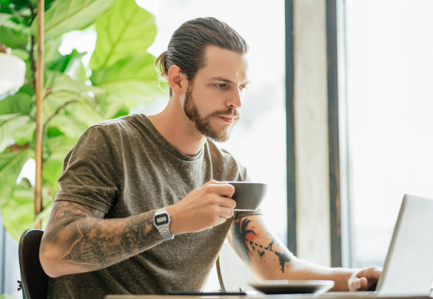 Concentrated hipster man with bearded working on laptop and drin - Photo, Image