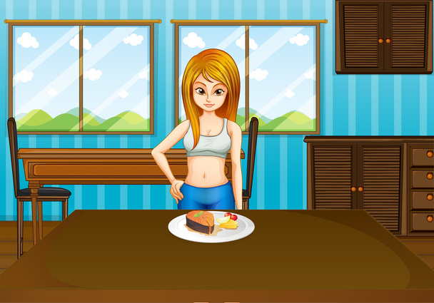szczupła dziewczyna przed tabela z talerz z jedzeniem - Wektor, obraz