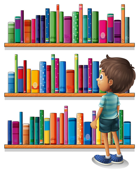 Un garçon dans la bibliothèque devant les étagères
 - Vecteur, image