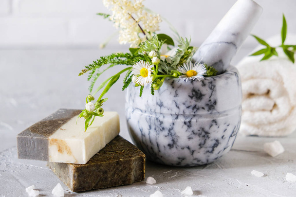 Healthy skin care. SPA concept. Natural handmade soap with dried herbs and flowers , sea salt. Natural Herbal Products.  - Photo, Image