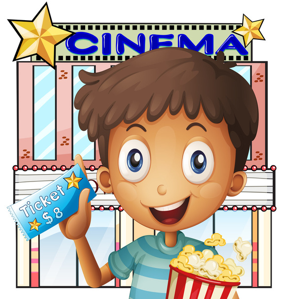 Мальчик держит ведро попкорна и билет у кинотеатра
 - Вектор,изображение