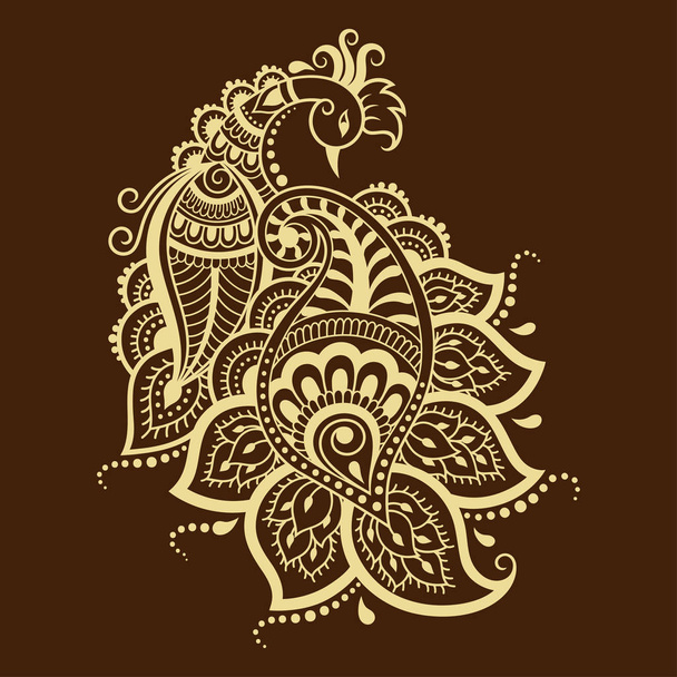 Mehndi flower pattern with peacock for Henna drawing and tattoo. Decoration in ethnic oriental, Indian style. Doodle ornament. Outline hand draw vector illustration. - Vector, Image