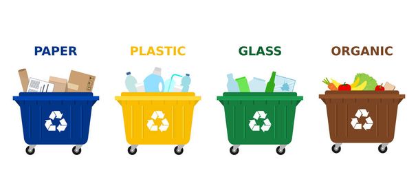 Depósitos de basura de diferentes colores con papel, plástico, vidrio y residuos orgánicos adecuados para el reciclaje. Segregar residuos, clasificar basura, gestión de residuos. Fondo blanco. Ilustración vectorial, plana
.  - Vector, Imagen