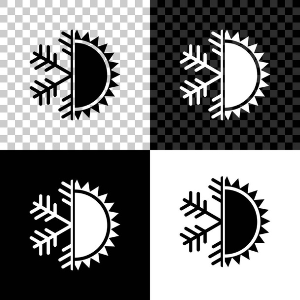 Symbol gorący i zimny. Ikona słońca i śniegu jest odizolowana na czarnym, białym i przezroczystym tle. Symbol zimowy i letni. Ilustracja wektorowa - Wektor, obraz