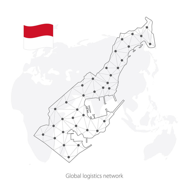 Globalna koncepcja sieci logistycznej. Mapa sieci komunikacyjnych Monako na tle świata. Mapa Monako z węzłami w stylu wielokątnym i flaga. Ilustracja wektorowa Eps10.  - Wektor, obraz