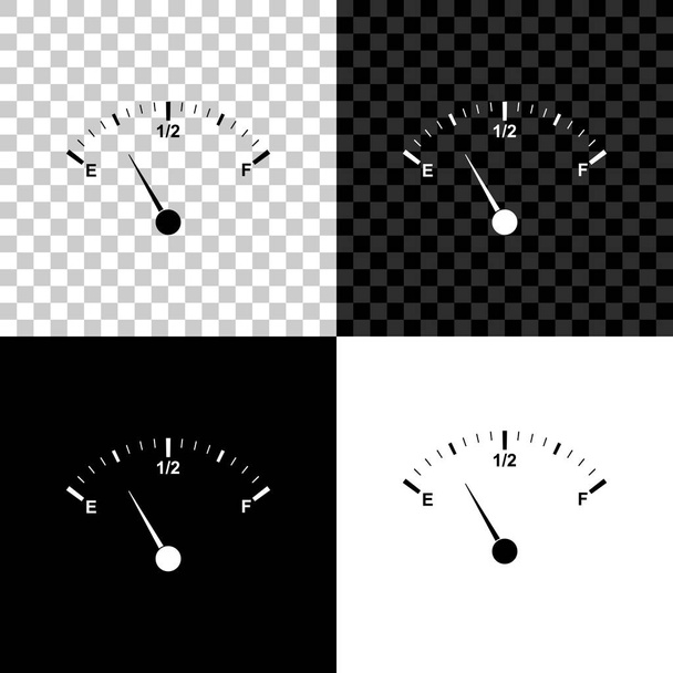 Icono del medidor de gas del motor aislado sobre fondo negro, blanco y transparente. Medidor de combustible vacío. Indicación del tanque lleno. Ilustración vectorial
 - Vector, Imagen