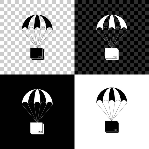 Box vliegen op parachute icoon geïsoleerd op zwart, wit en transparante achtergrond. Pakket met parachute voor de scheepvaart. Delivery Service, Air Shipping concept, bonus concept. Vector illustratie - Vector, afbeelding