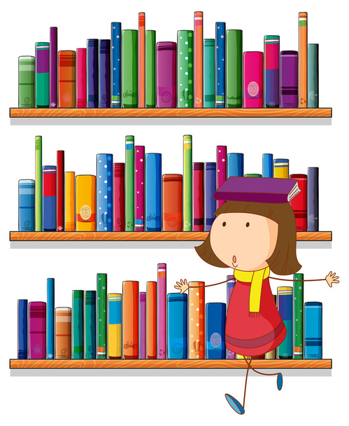 A girl balancing a book above her head in front of the bookshelv - Vector, Image