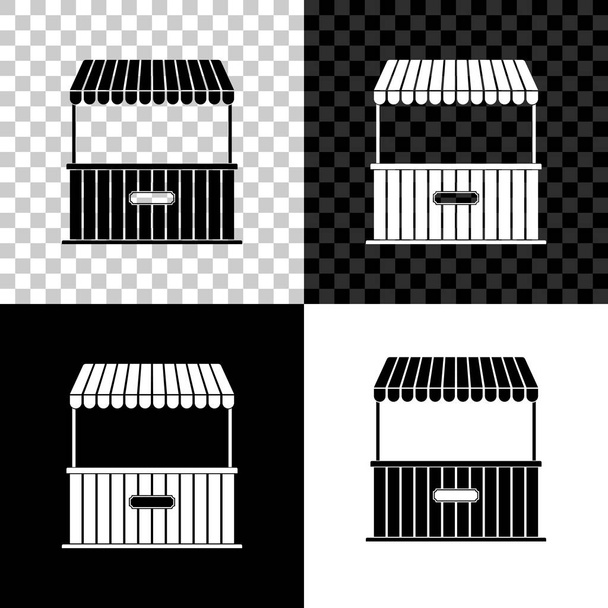 Straat kraam met luifel en houten rack icoon geïsoleerd op zwart, wit en transparante achtergrond. Kiosk met houten rek. Vector illustratie - Vector, afbeelding