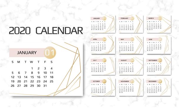Kalenteri 2020 malli. 12 kuukautta. Suunnittelu Geometriset taidetta linjat. Viikko alkaa sunnuntaina
 - Vektori, kuva