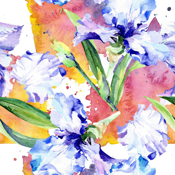 Violet iris floral botanical flowers. Watercolor background illustration set. Seamless background pattern. - Foto, imagen