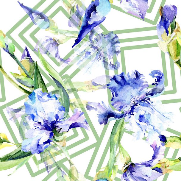 Violet Iris bloemen botanische bloemen. Aquarel achtergrond illustratie instellen. Naadloos achtergrond patroon. - Foto, afbeelding