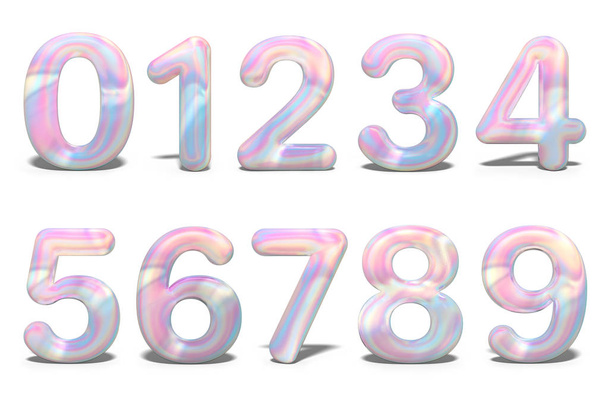 Set with colorful set numbers 3d holographic on white background. Geometric font. Celebration & party. Business card. Metal font. 3d rendering - Photo, Image