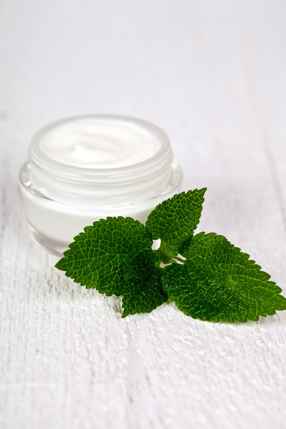 face cream in glass jar with green leaf of urtica - Foto, afbeelding