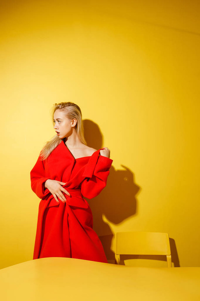 Fashion girl blogger dressed in stylish red coat is standing by the yellow table on the background of yellow walls - Фото, изображение