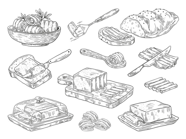 Hand getekende boter. Schets ontbijt culinair ingrediënt, getekende composities met brood en boter. Vector doodle set - Vector, afbeelding