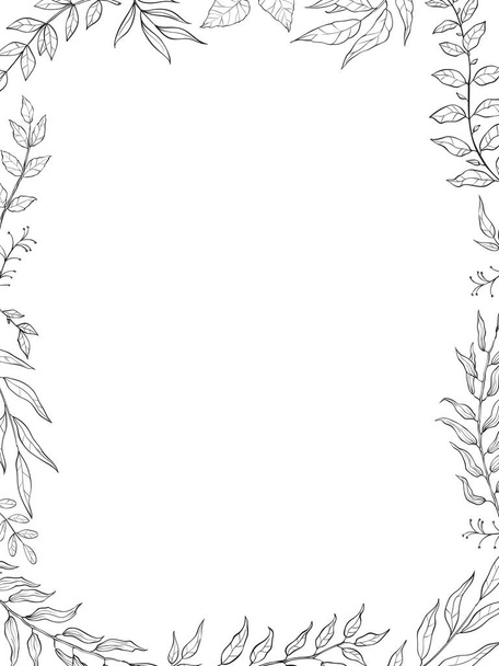 ziołowe mix wektor ramki w stylu linii. Ręcznie rysować rośliny, gałęzie i liście na białym tle. Ramka do kolorowania - Wektor, obraz