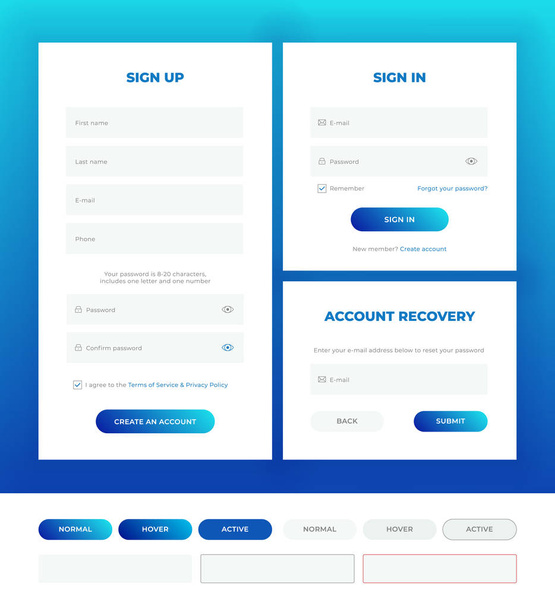 Sign in, sign up, account recovery. Login forms with web elements in different style. Material design template. UI. - Vector, Image