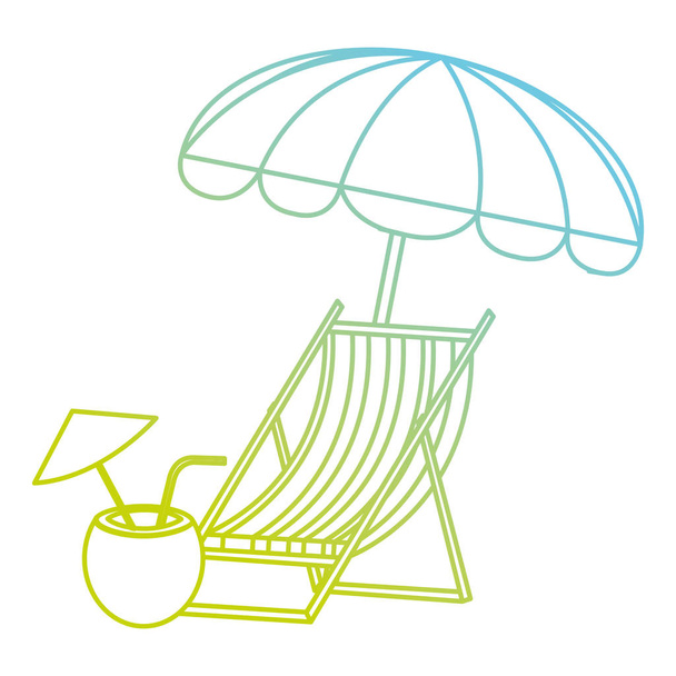 houten strandstoel met parasol en kokoscocktail - Vector, afbeelding