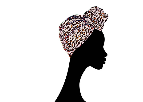 portrét krásná žena Afro. Shenbolen Ankara Hlavobalová ženy Africká tradiční šála šátek Turban. Barevná keňská hlava obaluje africkou tkaninu, strukturu leopardí. Logo vektorové ikony izolované - Vektor, obrázek
