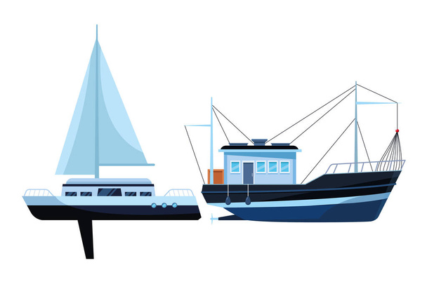 Fishing boat sea travel and sailboat - Vector, Image