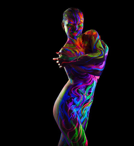 Naked colorful woman with glowing make-up - Zdjęcie, obraz