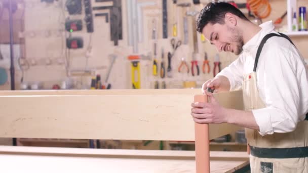 Konzept von Geschäft und Produktion. Junger Mann in der Werkstatt montiert Möbel - Filmmaterial, Video