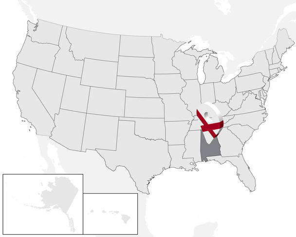 ПозКарта Алабама на карте США. Соединенные Штаты Америки. Третий знак геолокации, как флаг штата Алабама. Качественная карта Алабамы. Векторная иллюстрация EPS10
. - Вектор,изображение