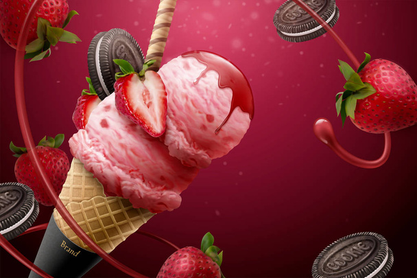 Strawberry ice cream cone - Vettoriali, immagini