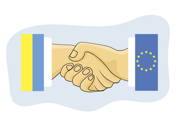 Vektorikuvitus. Sinisellä pohjalla on kaksi kättä Ukrainan ja Euroopan unionin lippujen kanssa. Kättele. Ukrainan ja EU:n välisen yhteistyön ja ystävyyden symboli
.  - Vektori, kuva