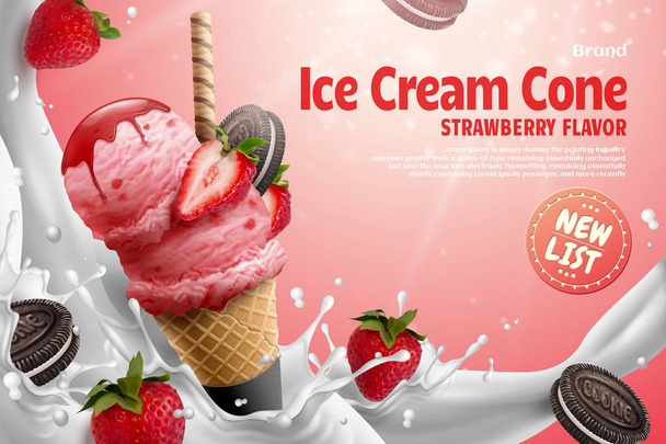 Strawberry ice cream cone ads - Vector, Image