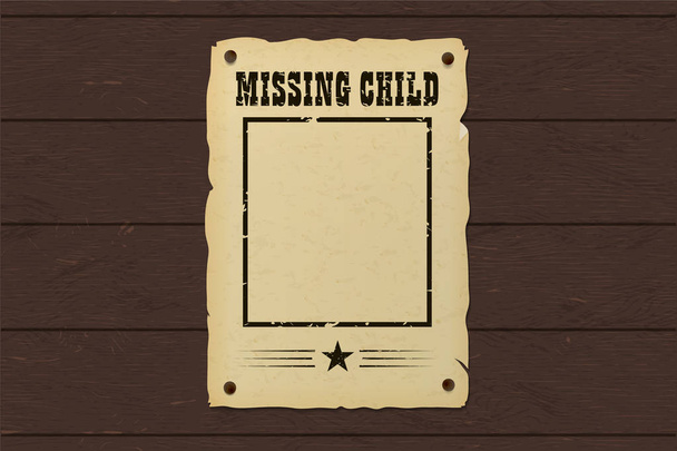 Old missing poster. Western bounty brochure nailed to a wooden wall. - Vector, Image