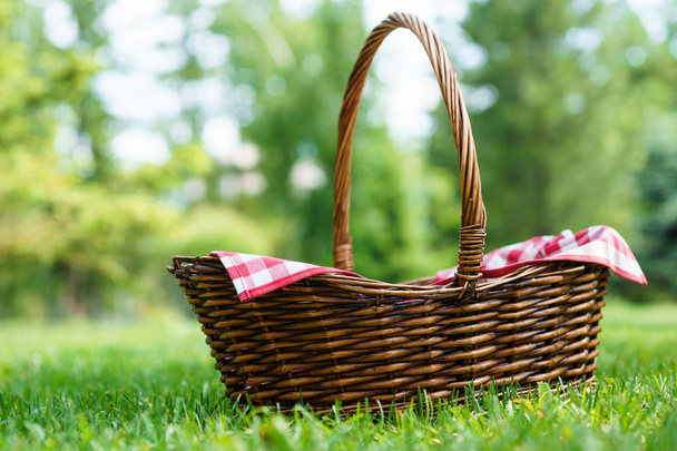 Empty wicker basket with red tablecloth on green grass in a park - Фото, зображення