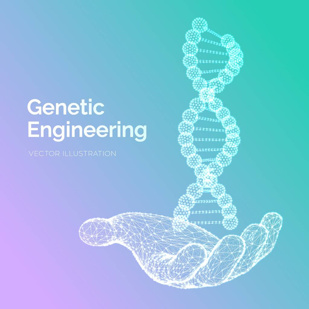 DNA sequence in hand. Wireframe DNA molecules structure mesh. DNA code editable template. Science and Technology concept. Vector illustration. - Vector, Image