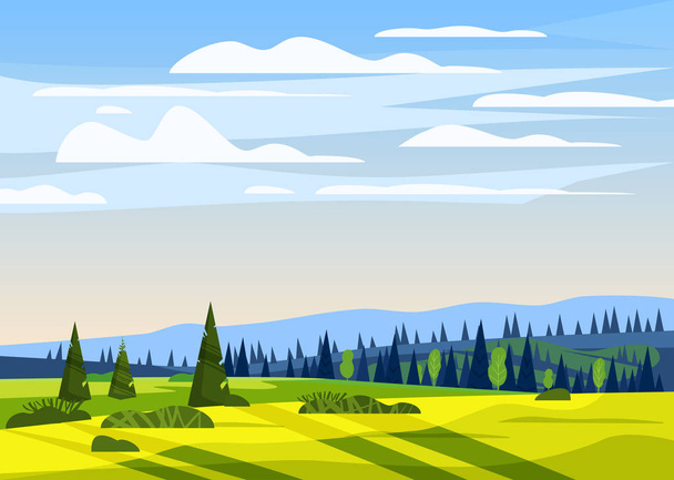Beautiful countryside summer landscape, valley rural farm house, green hills, bright color blue sky, meadows with mountains panorama horizon in trendy cartoon flat style and bright colors. Vector - Vector, Image