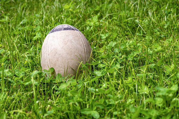 Pelota de rugby blanca y negra vieja sobre hierba verde
  - Foto, imagen