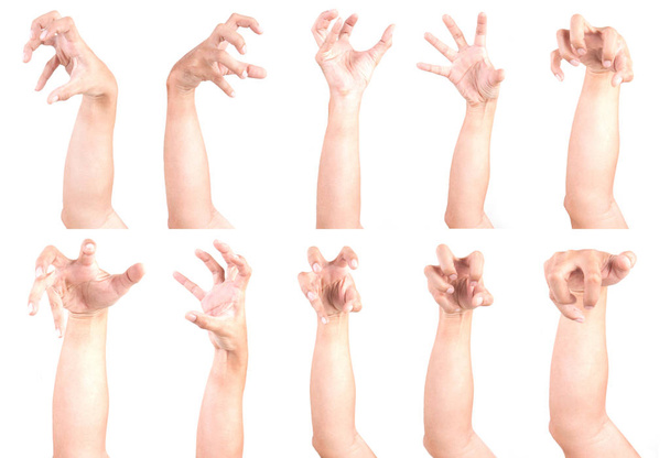 Multiple Male Caucasian hand gestures isolated over the white background, set of multiple images. ZOBIES HAND. - Photo, Image