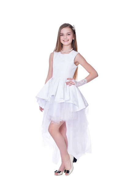 Happy little girl in dress   posing  isolated on white background - Foto, imagen