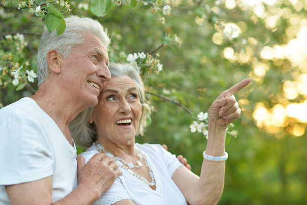 beautiful senior couple hugging   in the park. woman pointing with finger - Photo, Image