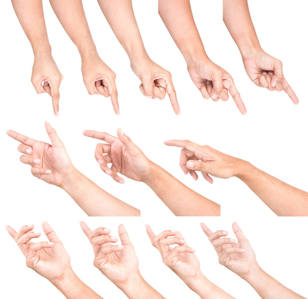 Wielokrotność męskich gestów ręcznych na białym tle. Wskazywanie wizualne. - Zdjęcie, obraz