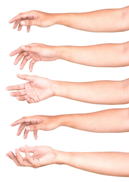 Múltiples gestos masculinos de mano caucásicos aislados sobre el fondo blanco, conjunto de múltiples imágenes
. - Foto, Imagen