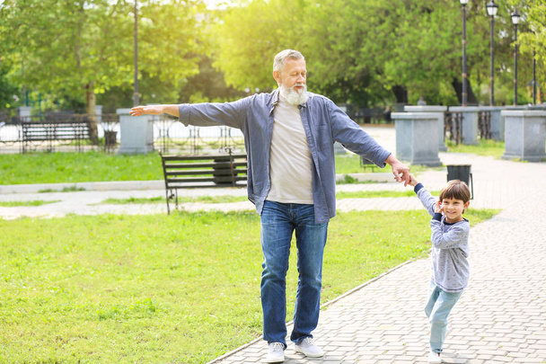 Симпатичный маленький мальчик с дедушкой, гуляющий в парке
 - Фото, изображение