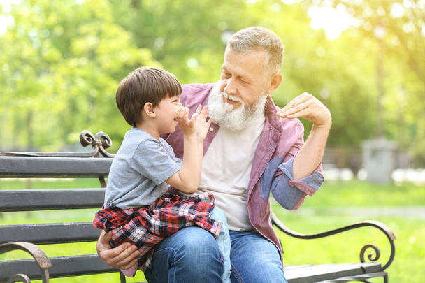 Lindo niño y su abuelo jugando en el parque
 - Foto, imagen