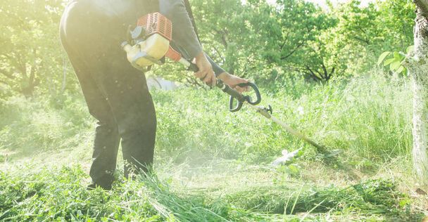 Worker cutting grass with a grass trimmer. - Fotó, kép
