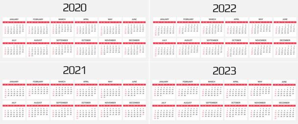 カレンダー2020、2021、2022、2023テンプレート。12ヶ月だ休日イベントを含めます。週の始まり日曜日 - ベクター画像