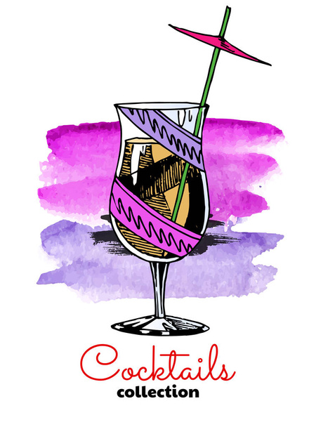 Handgezeichnete Illustration von Cocktail und Aquarell Splash. Vektor Farbe Sommer Illustration. - Vektor, Bild