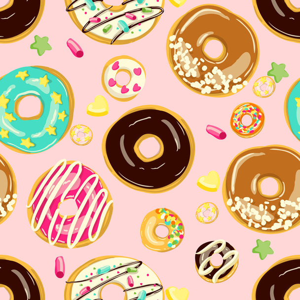 Glazed Donuts seamless pattern. Bakery Vector Cartoon style doughnuts - Wektor, obraz