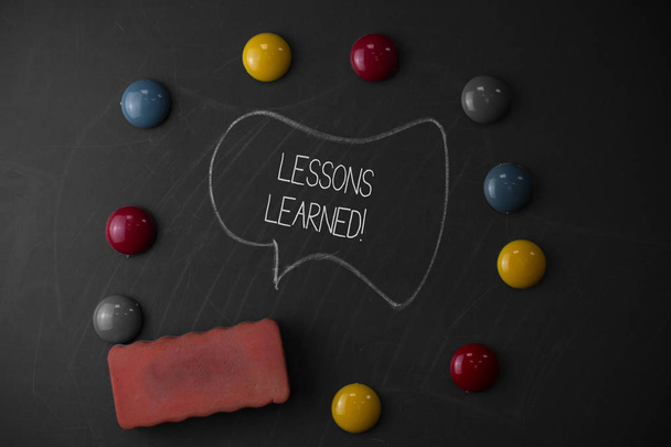 Handwriting text writing Lessons Learned. Concept meaning experiences distilled project that should actively taken Round Flat shape stones with one eraser stick to old chalk black board. - Photo, Image
